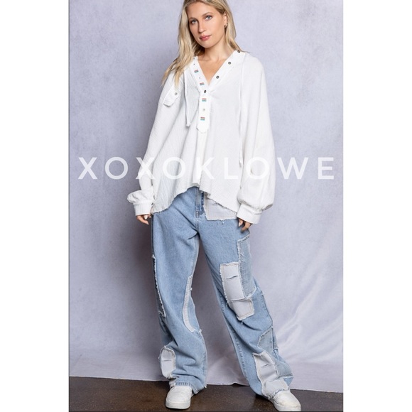 POL Off White Cotton Half Button Long Sleeve Hoodie Top Oversized - Picture 9 of 10